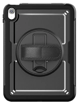Black tablet protective case with a rear hand strap