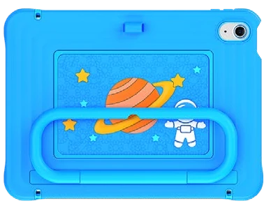Blue kids tablet protective case with handle and space-themed decoration